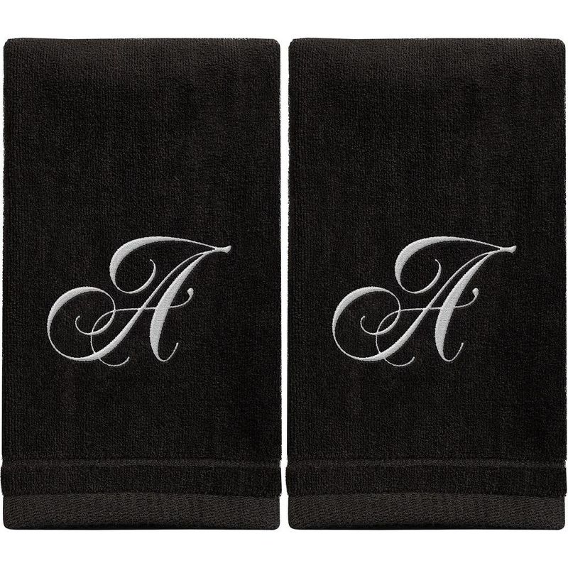 Creative Scents Black Fingertip Monogrammed Towels White Embroidered, 1 of 8