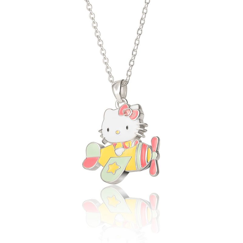 Sanrio Hello Kitty Brass Flash Silver Plated Enamel Pink Crystal Plane Necklace, 1 of 4