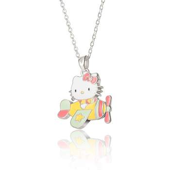 Sanrio Hello Kitty Brass Flash Silver Plated Enamel Pink Crystal Plane Necklace