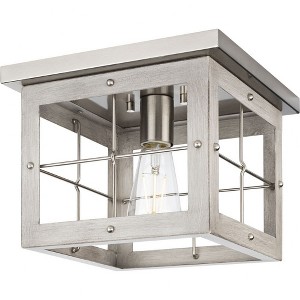 Progress Lighting, Hedgerow, 1-Light, Flush Mount, Brushed Nickel, Grey Washed Oak Collection: Hedgerow 1-Light Grey Washed Oak Farmhouse Flush Mount - 1 of 2