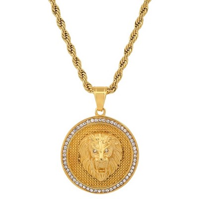 Steeltime 30" 18k Gold Plated Stainless Steel And Simulated Diamonds Lion Head Round Pendant
