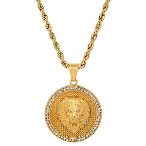 Steeltime 30" 18k Gold Plated Stainless Steel And Simulated Diamonds Lion Head Round Pendant - 1 of 4