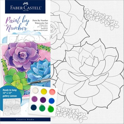 Faber-Castell Paint by Number Watercolor Set - Succulents: Adult Painting Kit with Acrylic Paint & Brush, Ages 12+