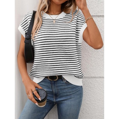 Women's Short Sleeve Sweater Spring Summer 2025 Round Neck Striped Pullover Cap Sleeve Knit Sweater Vest Tops