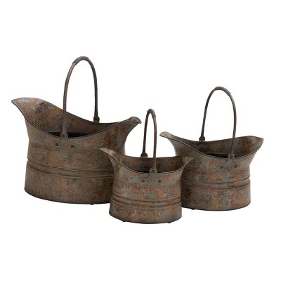 Set of 3 Industrial Galvanized Iron Oval Planters with Arched Handles - Olivia & May