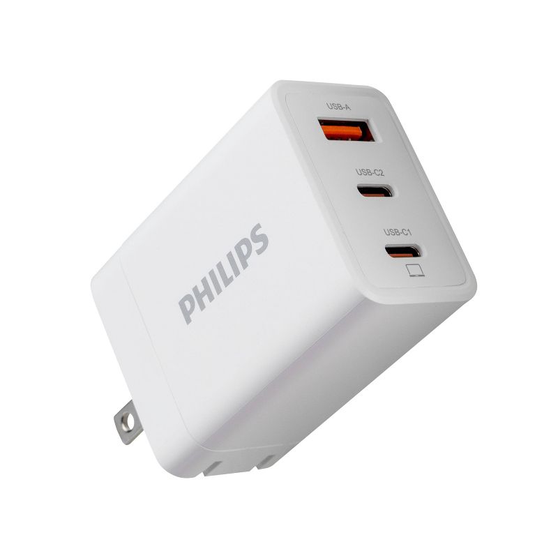 Philips 3 Port Fast Charging Wall Charger with USB-A and USB-C: 65W Power Adapter