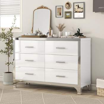 Modern High Gloss Dresser with Metal Handle, Storage Cabinet with 6 Drawers, White-ModernLuxe