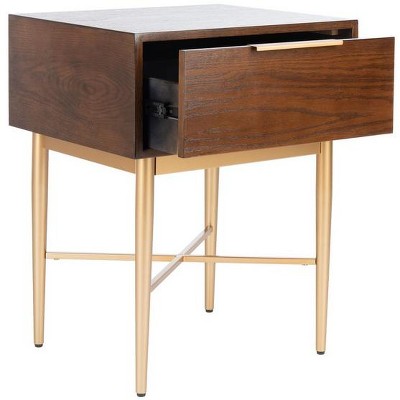 Pierre Sleek Gold Metal and Walnut One Drawer Nightstand