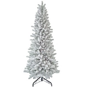 King Of Christmas Snow Flocked Hinged Slim Artificial Christmas Tree Unlit, King Flock Thin Xmas Tree - 1 of 4