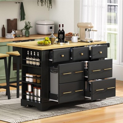 Sapphtopaz Modern Kitchen Island with 6 Drawers&Pull Out Trash Can Storage,Rolling Kitchen Cart with Power Outlet&Open Side Racks for Kitchen