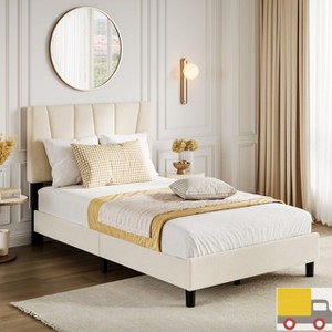 Jojoka Upholstered Bed Frame with Adjustable Headboard, Linen or Velvet Fabric, Wooden Slats, Noise-Free, Easy Assembly - 1 of 4