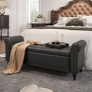Storage Bed Bench, Faux Leather Upholstered Ottoman Foot Rest with Rolled Arms - 1 of 4