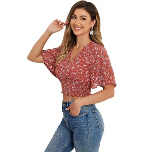 INSPIRE CHIC Women's Floral Flare Short Sleeve V Neck Summer Smocked Crop Tops - 1 of 4