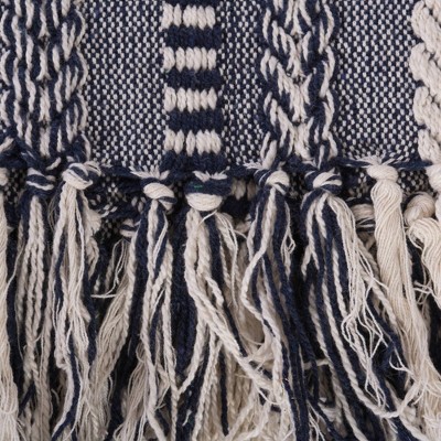 Navy and White Cotton Braided Striped Throw Blanket