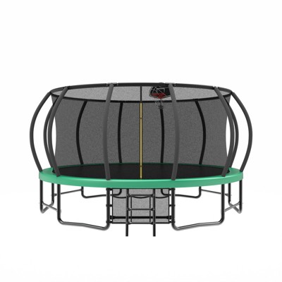 Aukfa 15FT Pumpkin Trampoline with Enclosure Net & Basketball Hoop,Outdoor Trampoline Set with Safety Net, Ladder, Balance Bar