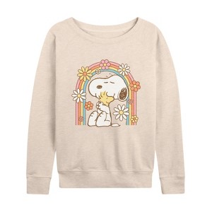 Women's - Peanuts - Retro Flower Rainbow Lightweight French Terry Wide Neck Long Sleeve Shirt - 1 of 4
