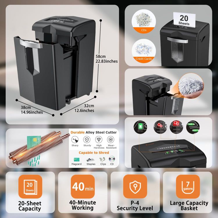 Bonsaii Heavy Duty 20-Sheet Paper Shredder, 40 Min Run Time, Anti-Jam, P-4 Security, Shreds CD/Credit Cards/Staples, 7 Gal Pullout Bin, 2 of 6