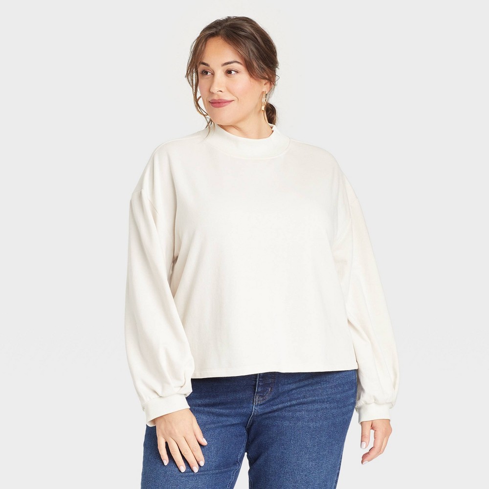 Women's Plus Size Long Sleeve Fleece Cropped Mock Turtleneck Pullover Shirt - Ava & Viv Cream 3X, Ivory