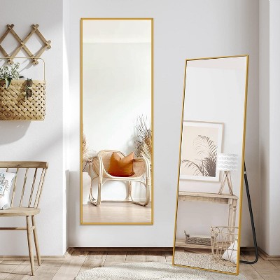 VYNXARIA 57"x20"/64"x25" Arched/Right Angle Full Length Mirror - Gold/Black Aluminum Frame, Freestanding.