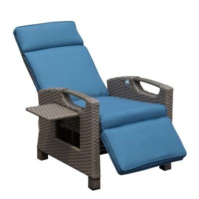 Fontoi Accent Chairs, Recliner Chair with Ratten Frame and Removable Cushion, Lounge Chair with Flip Table for Garden, Blue, 28.78"*41.89"*32.8"