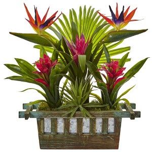 Nearly Natural 19-in Bird of Paradise and Bromeliad in Planter - 1 of 1