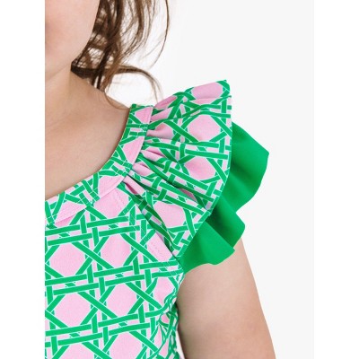 RuffleButts Girls UPF50+ Ruffle V-Back One Piece - Pink Coastal Cane, 7 — фото 2