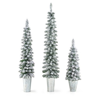 Tangkula Pre-lit Slim Flocked Christmas Trees Set of 3 Artificial Xmas Tree 3’ + 4’ + 5’ with 50 + 80 + 100 Warm White LED Lights 8 Lighting Modes