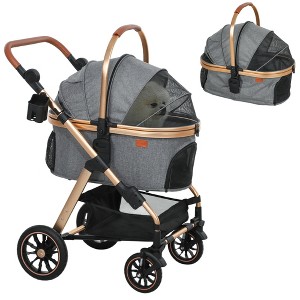 PawHut 3 in 1 Dog Stroller with Detachable Cabin, 4 Wheel Folding Lightweight Pet Stroller with Adjustable Canopy, Rubber Wheels, for Small Dogs, Gray - 1 of 4