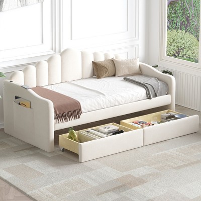 Twin Size Velvet Upholstered Daybed with Trundle/2 Drawers and USB Charging Ports 4Q - ModernLuxe