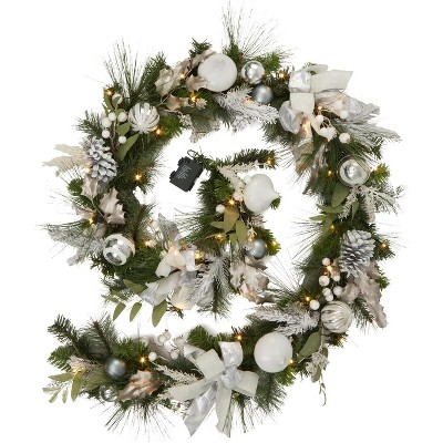 9 ft Prelit Christmas Garland with LED Lights and Ball Ornaments Bow and Candy Cane, Xmas Garland for Fireplace Banister