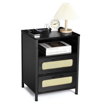 Modern Rattan Nightstand with Two Decorative Drawers, Boho End Table with USB Charger Port, Storage Cabinet for Bedroom
