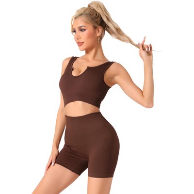 Allegra K Women's Bra and Underwear Sets, Ribbed Exercise Tank Bra High Waist Flatten Stomach Knickers