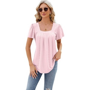 Womens Square Neck Pleated Blouse with Flutter Sleeve Eyelet Embroidered Curved Hem Tops with Circular Sleeve Textured Summer Tunic Blouse - 1 of 3