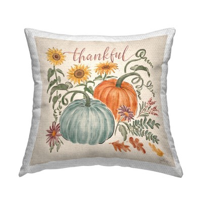 Stupell Industries Thankful Calligraphy Festive Pumpkins Botanical Flowers
