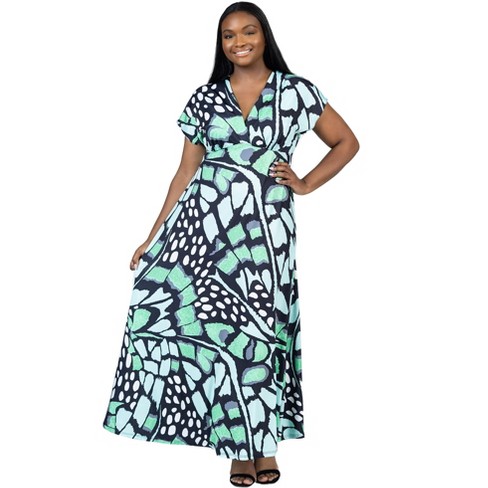 24seven Comfort Apparel Plus Size Oversized Butterfly Print V Neck Empire  Waist Cap Sleeve Maxi Dress : Target