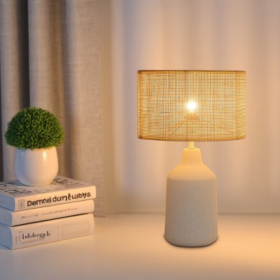 20.8" Japandi White Speckled Ceramic Table Lamp with Rattan Shade and Textured Vase Base for Bedside, Living Room, Entryway, or Lounge