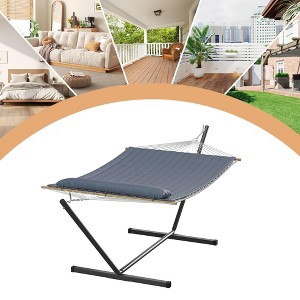 Double Outdoor Hammock with Stand, Double Cotton Rope Hammock with Polyester Pad, Iron Support Frame, Dark Gray - 1 of 1