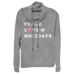 Juniors Womens CHIN UP Christmas Peace & Love Cowl Neck Sweatshirt - 1 of 3