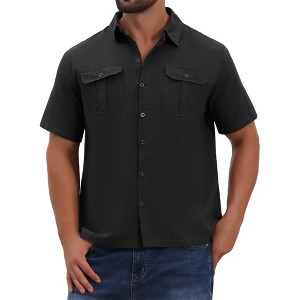 INSPIRE CHIC Men's Solid Short Sleeve Button Down Chest Pockets Linen Shirt - 1 of 4