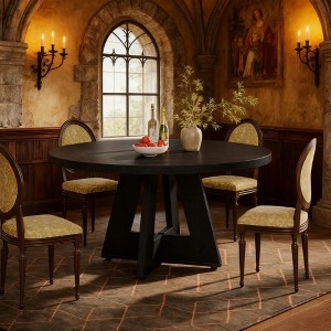 Gulches 47" Round Farmhouse Dining Table, Black Engineered Wood Top & Pedestal Base, Seats 4-6 People, Compact Design - 1 of 4