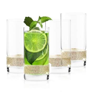 Berkware Luxurious Highball Cocktail Glasses with Elegant Gold Rhinestone Design - 16oz