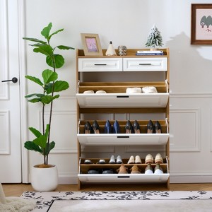 QingMoon Narrow Modern Shoe Cabinet, with 2 Slide Drawers & 3 Flip Drawers, Open Top, Entryway/Hallway Storage Organizer for Apartment, Living Room - 1 of 4