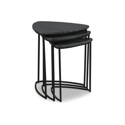 Olinmere Black Triangular Marble and Metal Nesting Tables, Set of 3