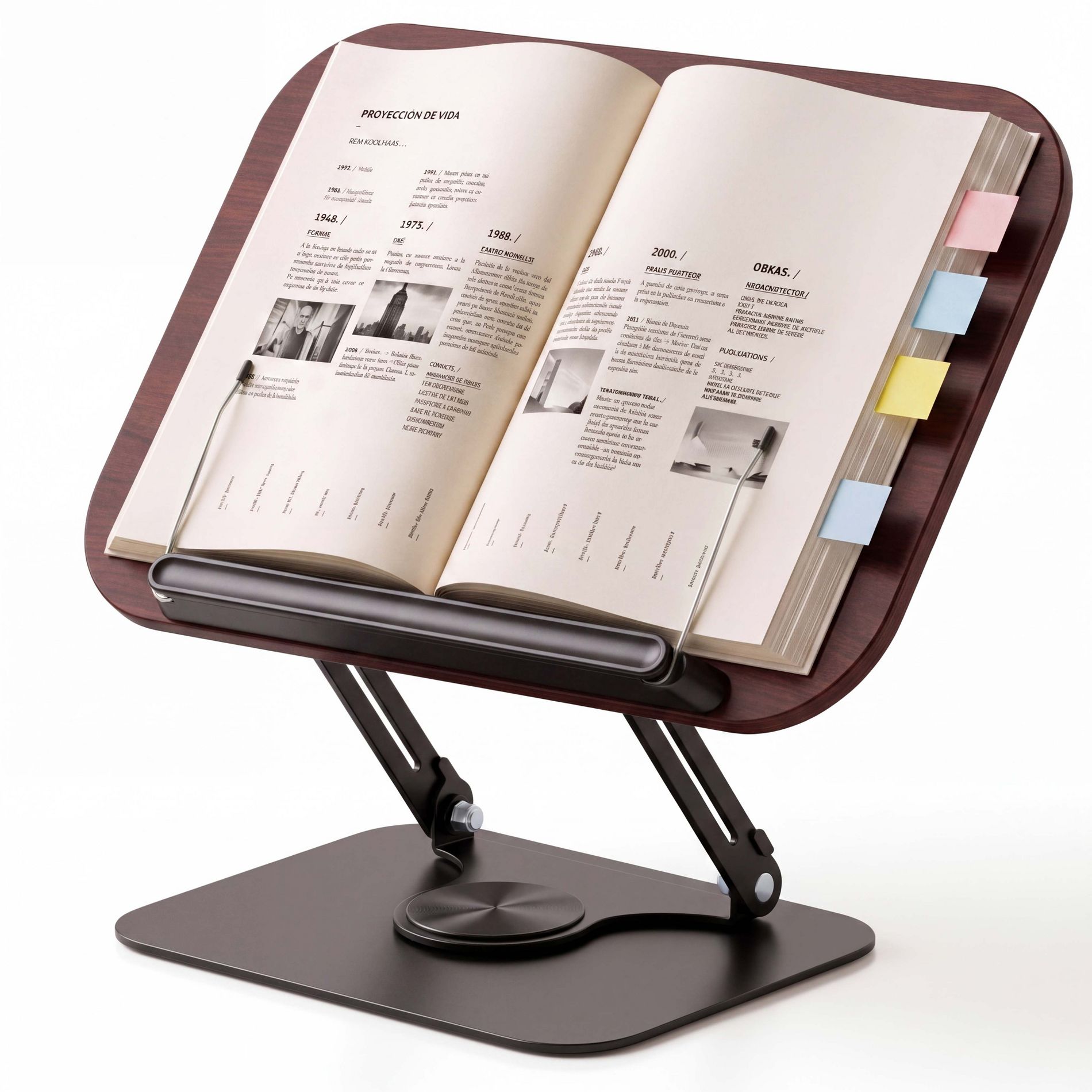 Premium Wooden Desk Book Holder, Dual-Arm Folding Stand with Non-Slip Base & Soft Silicone Clips for Heavy Books