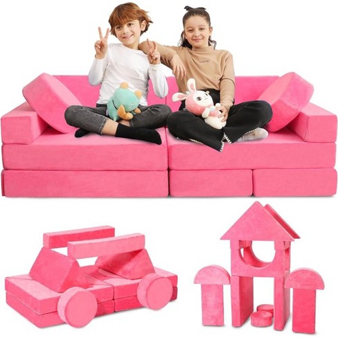 Contour Comfort Kids Couch 14 PC Modular Kids Play Set Convertible Kids Sofa with Soft Foam Cushions Kids Fort Couch Kid Play Room Furniture Pink