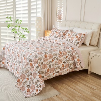 Red Marine Plant Pattern 3-Piece Comforter Set, King Size – Includes 1 Soft Lightweight Comforter and 2 Matching Pillowcases, Coastal Bedding