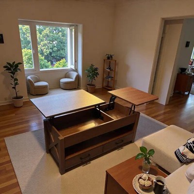 Greenstell Lift Top Coffee Table with Storage Drawers & Hidden Compartment, Multifunctional Living Room Table with Adjustable Height & Shelf