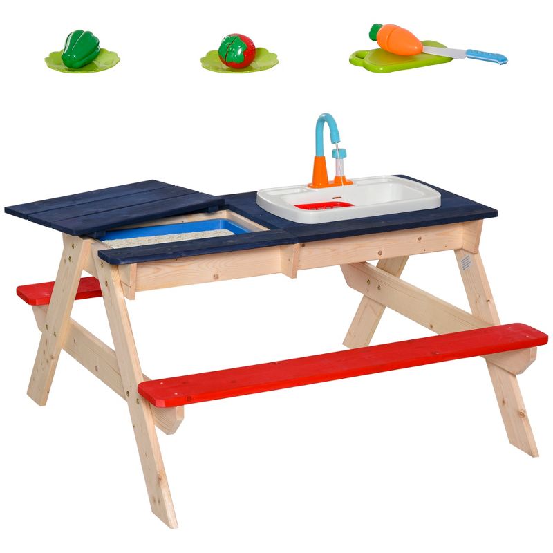 Outsunny Kids Picnic Table and Bench Set with Sandbox, Outdoor Sand & Water Table with Kitchen Toys, Water Circulation Faucet, Vegetable Accessories, 1 of 11