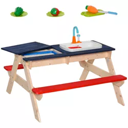 Outsunny Kids Picnic Table and Bench Set with Sandbox, Outdoor Sand & Water Table with Kitchen Toys, Water Circulation Faucet, Vegetable Accessories