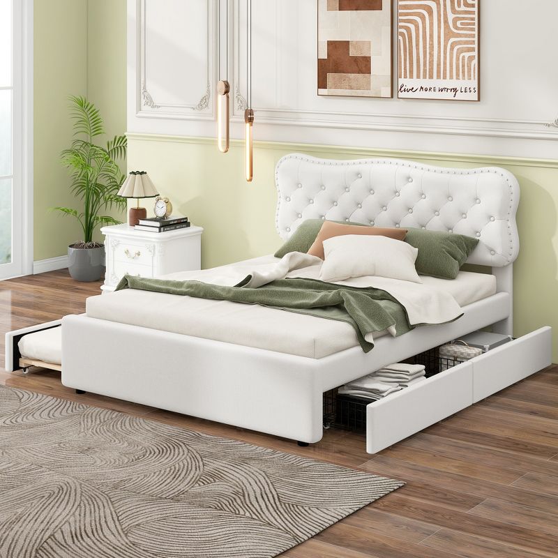 Queen/Full Size Upholstered Platform Bed with Storage Drawers and Trundle Bed, White-ModernLuxe, 1 of 14